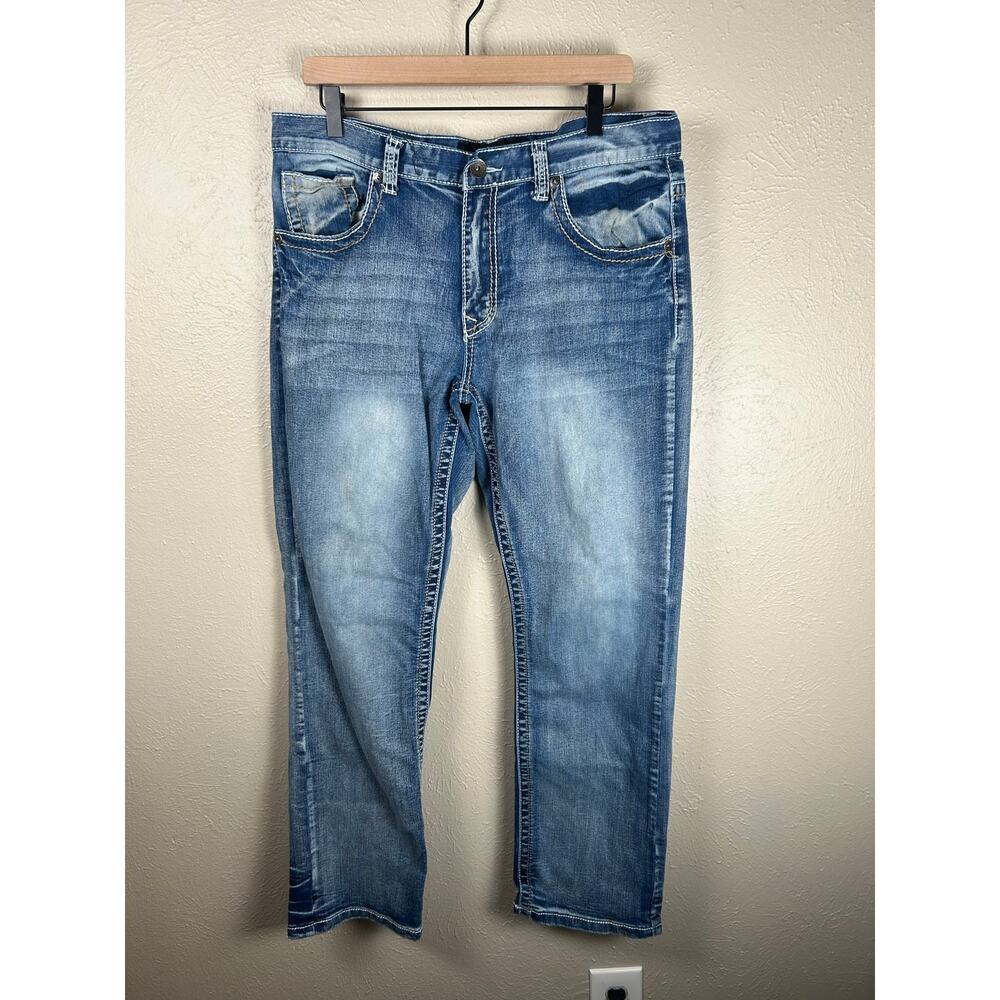 True Luck Jeans Mens Size 34x32 Denim Embroidered Pockets Straight Leg Y2K Pants